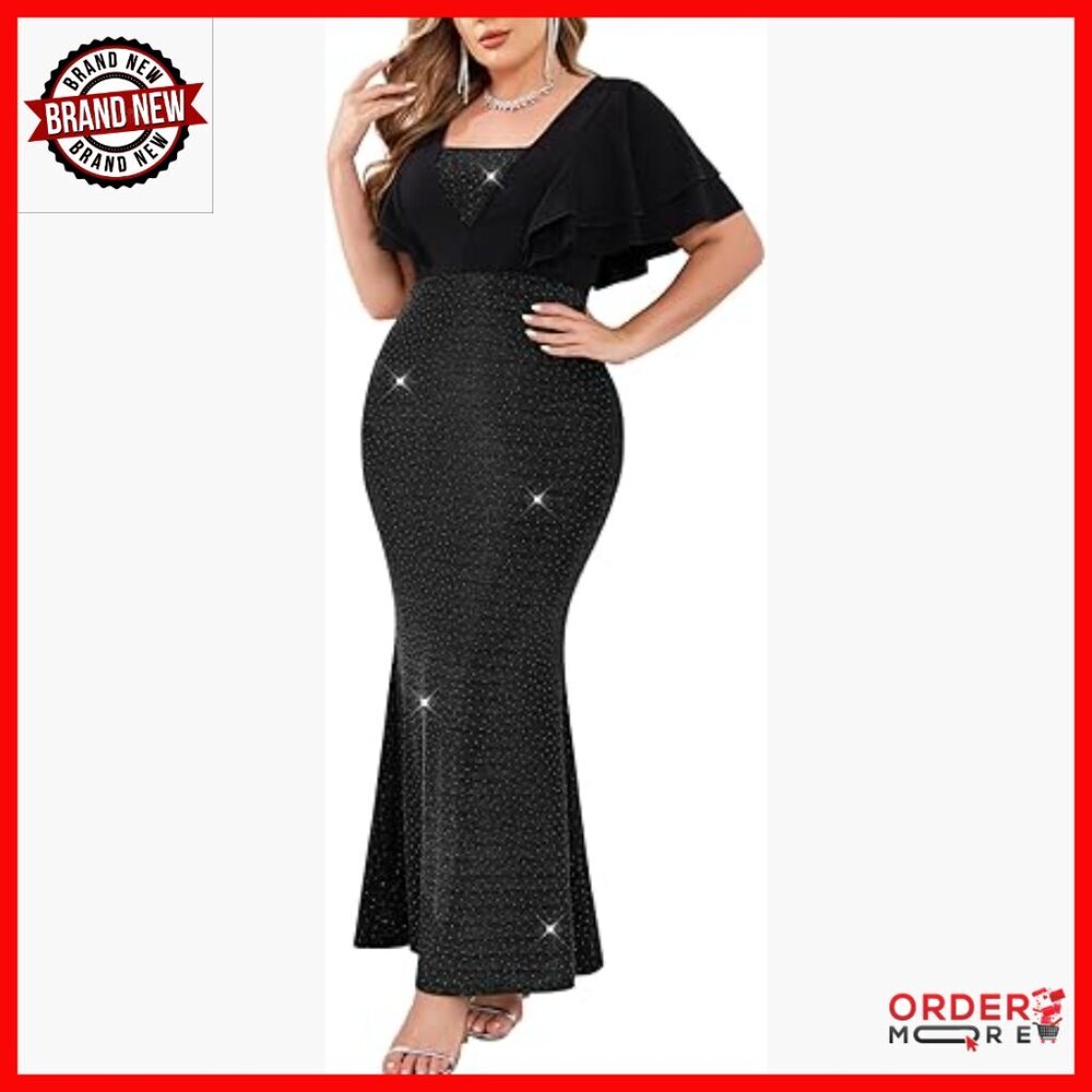 Plus Size Sparkly Maxi Dress Ruffle Sleeve Bodycon Mermaid Formal Cocktail